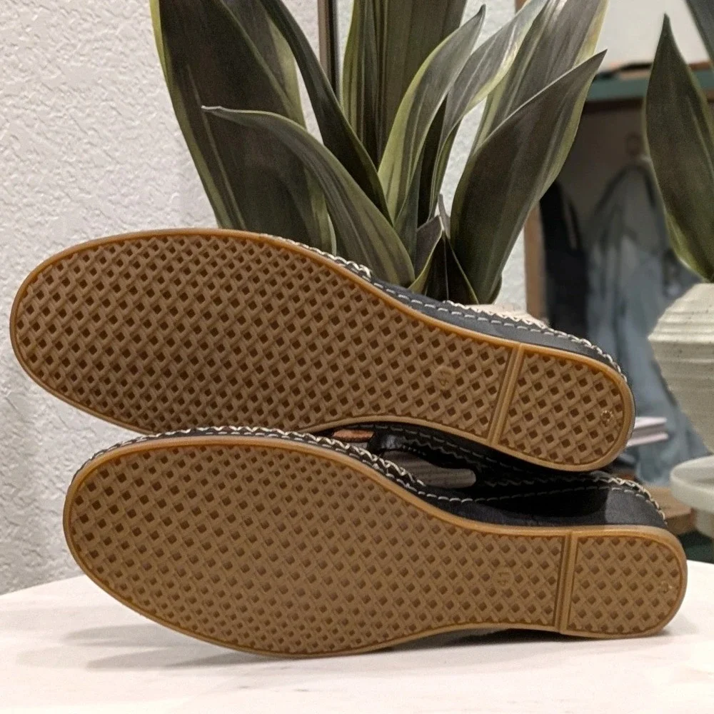 Spring Step Patrizia Airy Wedge Leather T-Strap Flats Black Laser Cut Comfort
